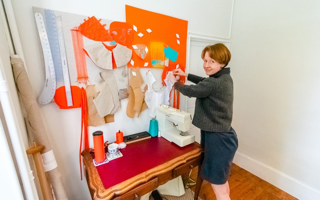 Maker in Residence, Sophia Lengle making wearable textile art in her studio at Studio Faire